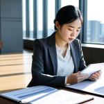 A confident East Asian professional woman dressed in a sharp, modest charcoal grey business suit with a crisp white blouse, sitting at a large, polished conference table in a sunlit, modern corporate boardroom. She is looking intently at a tablet displaying complex flowcharts and data graphs related to compensation structures and market analytics. On the table, there are also neatly arranged documents and a cup of coffee. The background shows blurred city skyline views through large windows. safe for work, appropriate content, fully clothed, professional, perfect anatomy, correct proportions, natural pose, well-formed hands, proper finger count, natural body proportions.