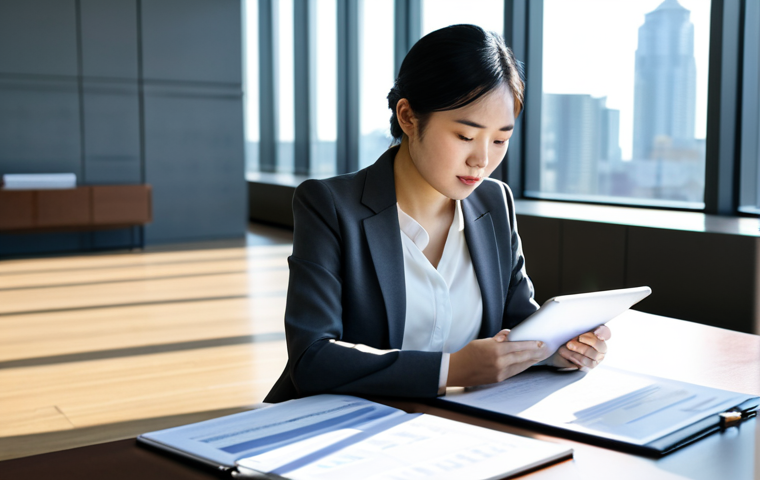 A confident East Asian professional woman dressed in a sharp, modest charcoal grey business suit with a crisp white blouse, sitting at a large, polished conference table in a sunlit, modern corporate boardroom. She is looking intently at a tablet displaying complex flowcharts and data graphs related to compensation structures and market analytics. On the table, there are also neatly arranged documents and a cup of coffee. The background shows blurred city skyline views through large windows. safe for work, appropriate content, fully clothed, professional, perfect anatomy, correct proportions, natural pose, well-formed hands, proper finger count, natural body proportions.