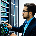 A focused network engineer, fully clothed in a modest business casual outfit, intently examining a laptop screen displaying complex network topology maps and command-line interface logs. They are standing in a well-lit, modern data center with server racks and blinking indicator lights in the background. The atmosphere is one of focused problem-solving and deep technical thought. Perfect anatomy, correct proportions, natural pose, well-formed hands, proper finger count, natural body proportions, professional photography, high quality, safe for work, appropriate content, fully clothed, professional dress.
