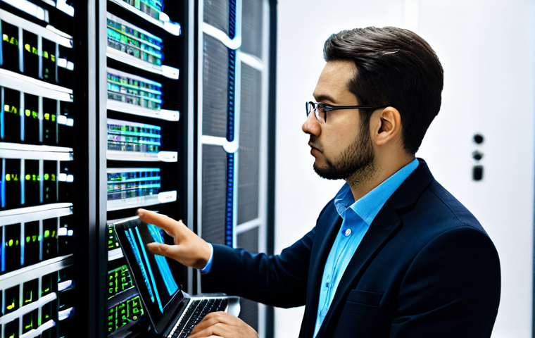 A focused network engineer, fully clothed in a modest business casual outfit, intently examining a laptop screen displaying complex network topology maps and command-line interface logs. They are standing in a well-lit, modern data center with server racks and blinking indicator lights in the background. The atmosphere is one of focused problem-solving and deep technical thought. Perfect anatomy, correct proportions, natural pose, well-formed hands, proper finger count, natural body proportions, professional photography, high quality, safe for work, appropriate content, fully clothed, professional dress.
