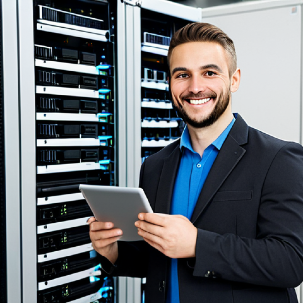 네트워크 자격증 취득 후 커리어 성공 사례 - Confident Network Engineer**
A fully clothed, smiling network engineer in a professional work envir...