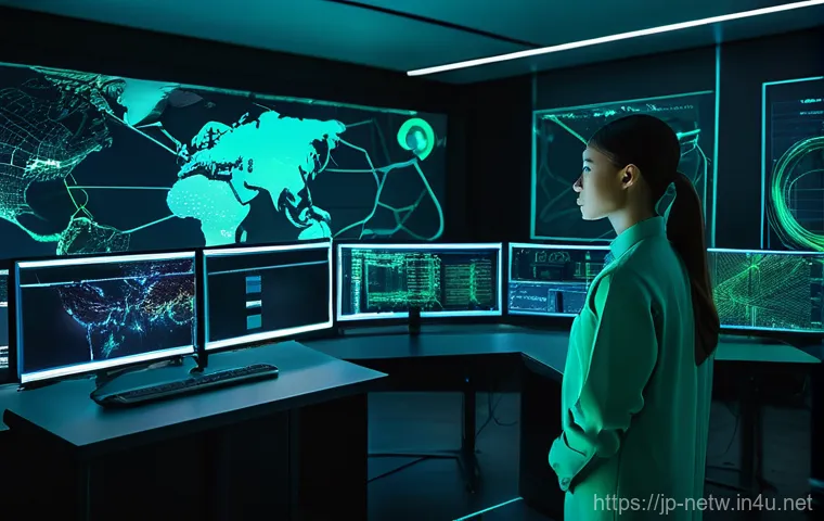 네트워크관리 실무에서 경험한 장애 처리 사례 - Image Prompt 1: AI-Powered Network Prediction in a Futuristic NOC** 네트워크관리 실무에서 경험한 장애 처리 사례 - Image Prompt 1: AI-Powered Network Prediction in a Futuristic NOC**