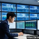 네트워크관리사와 정보보안기사의 차이점 및 활용 사례 - A modern Japanese office scene showing a network administrator designing and building a network syst...