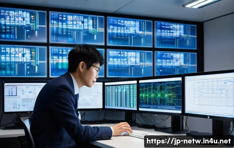 네트워크관리사와 정보보안기사의 차이점 및 활용 사례 - A modern Japanese office scene showing a network administrator designing and building a network syst...