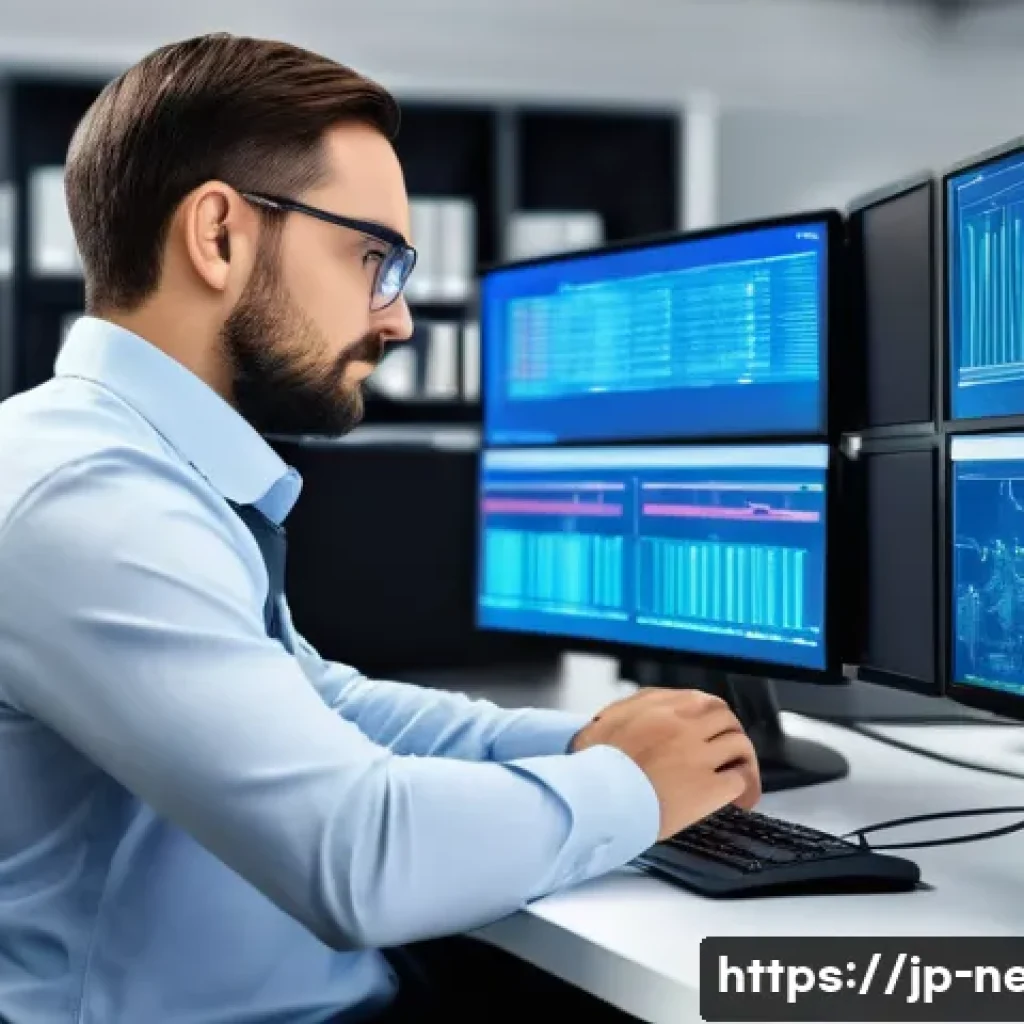 네트워크 필기 시험에서 자주 출제되는 문제 유형 - A modern office environment showcasing a network engineer analyzing a complex network topology on mu...