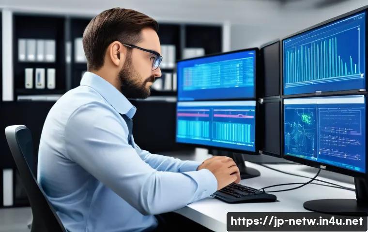 네트워크 필기 시험에서 자주 출제되는 문제 유형 - A modern office environment showcasing a network engineer analyzing a complex network topology on mu...