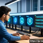 네트워크관리사 실기 시험 대비 네트워크 분석 학습법 - A detailed, modern home network lab setup featuring a person interacting with real routers and switc...