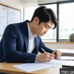 네트워크 실기 시험 대비 시간 관리 팁 - A focused Japanese young professional sitting at a clean desk in a modern study room, carefully read...