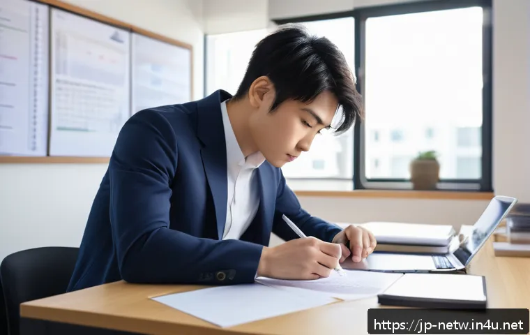 네트워크 실기 시험 대비 시간 관리 팁 - A focused Japanese young professional sitting at a clean desk in a modern study room, carefully read...