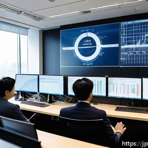 네트워크 실무에서 발생한 트래픽 제어 사례 - A modern office environment showcasing network engineers analyzing real-time traffic data on multipl...
