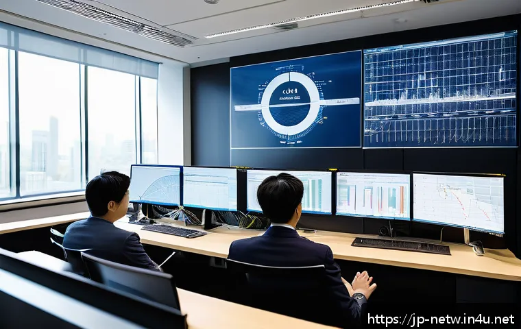 네트워크 실무에서 발생한 트래픽 제어 사례 - A modern office environment showcasing network engineers analyzing real-time traffic data on multipl...