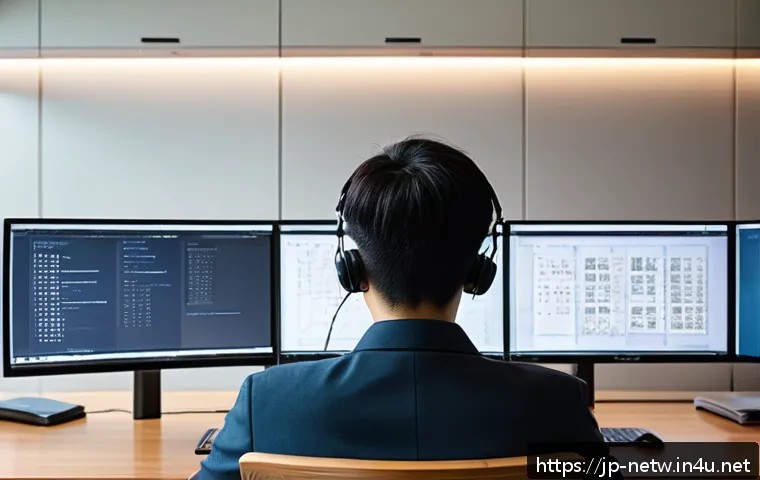 네트워크 실기 시험 대비 효과적인 학습 계획 - A modern Japanese study room scene showing a focused young adult sitting at a desk with multiple scr...