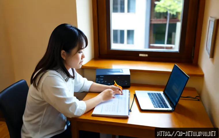 네트워크 필기와 실기의 학습 연결법 - Photorealistic Japanese adult learner at a clean home study desk, reviewing a network topology diagr...