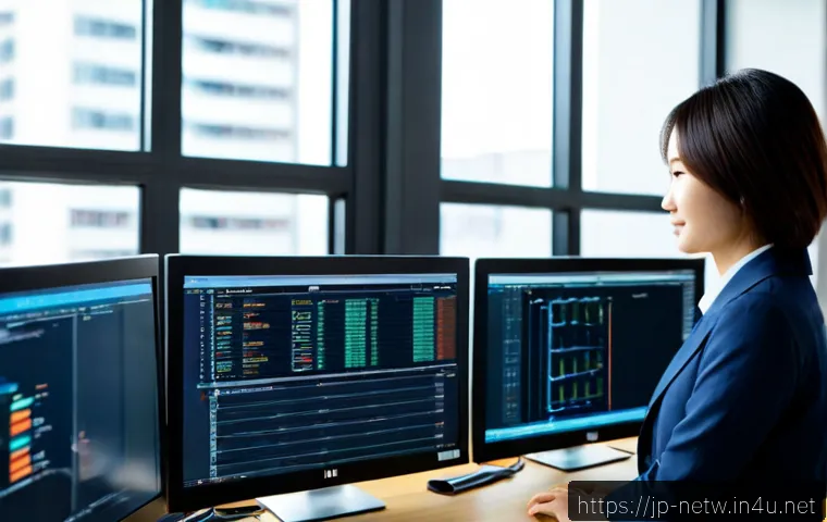 네트워크관리사 취득 후 대기업 취업 성공 후기 - Photorealistic Japanese IT professional in a neat modern corporate office, confidently reviewing a n...